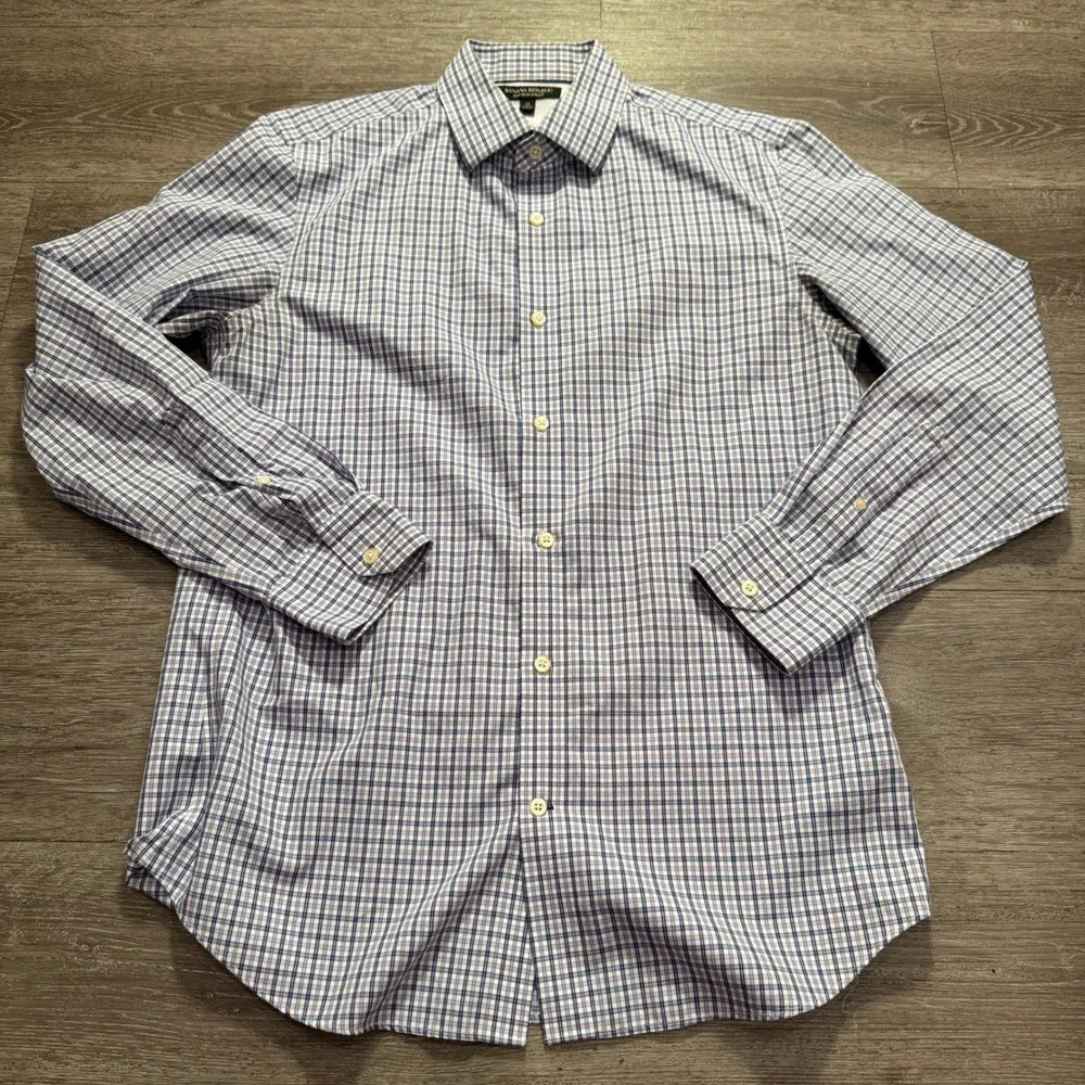 Banana Republic Shirt Men M Blue 100% Cotton Non-Iron Slim Fit Plaid Preppy Work